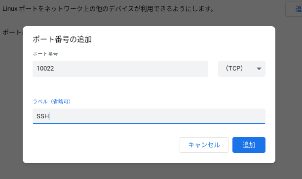 Chromebook - Linux Port Forwarding. TCP 10022 will be forwarded with the setting labeled as SSH.